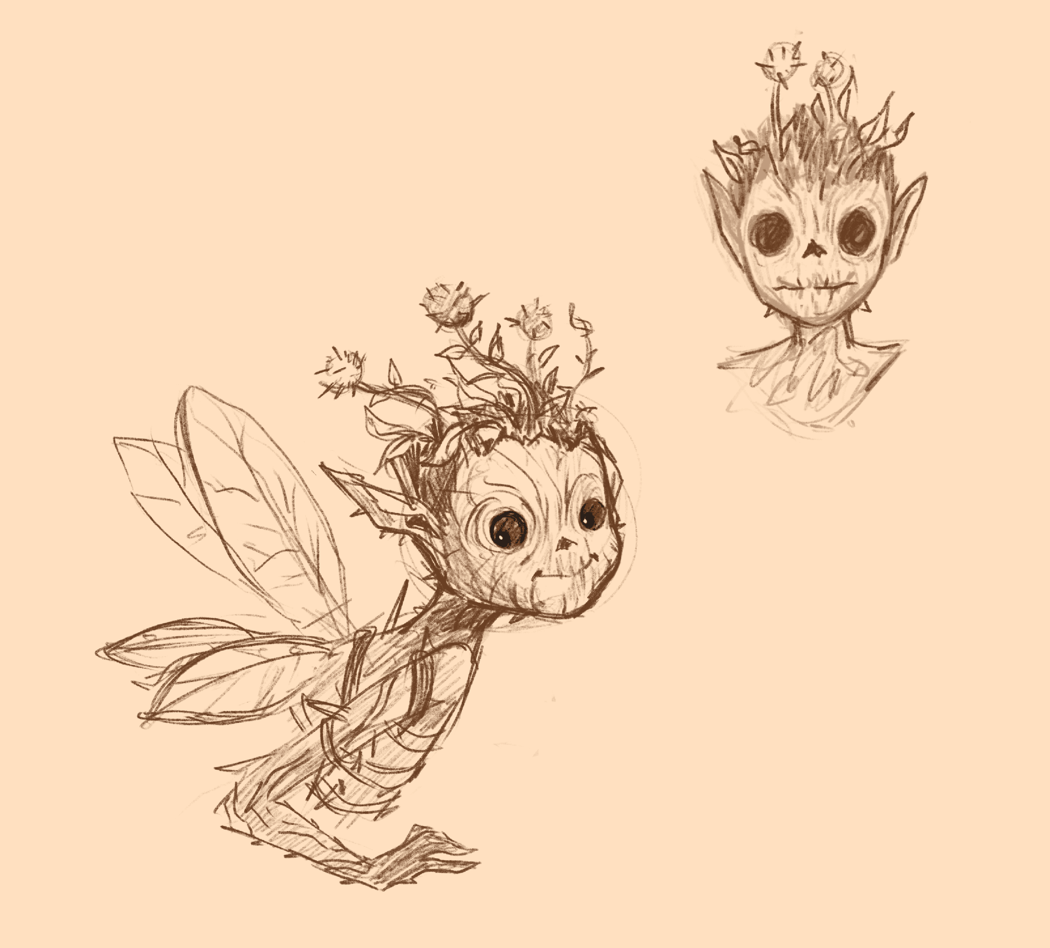 Sketch of a Brambling in flight, twig-limbed with leafy wings and a crown of budding flowers, alongside a close study of its bark-like face.